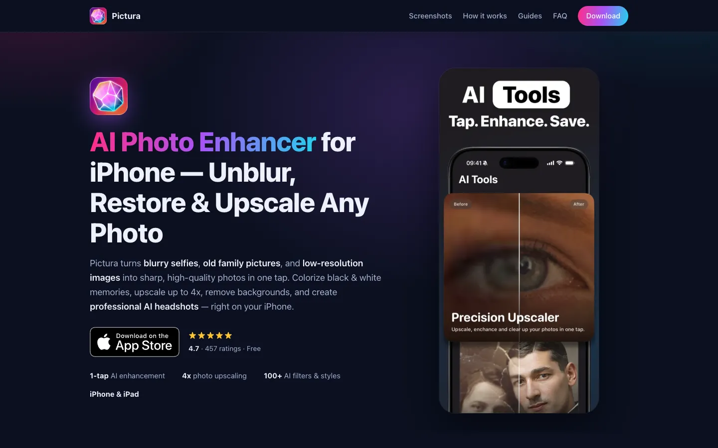 Screenshot of the Pictura - AI Photo Enhancer homepage