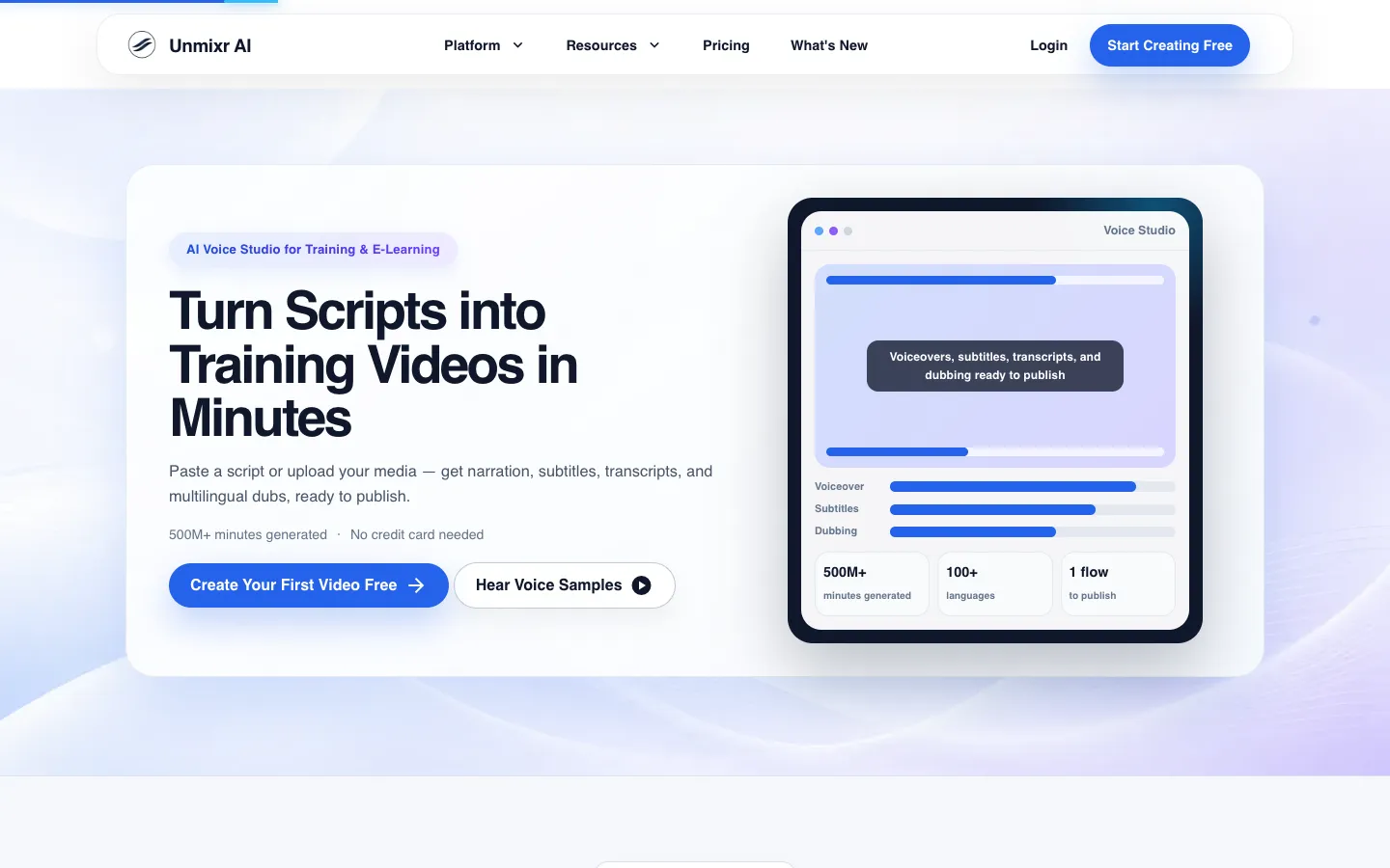 Screenshot of the Unmixr AI homepage