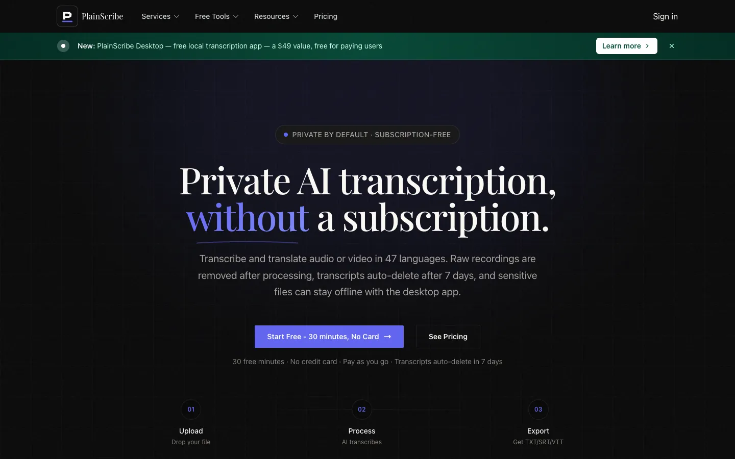 Screenshot of the PlainScribe homepage