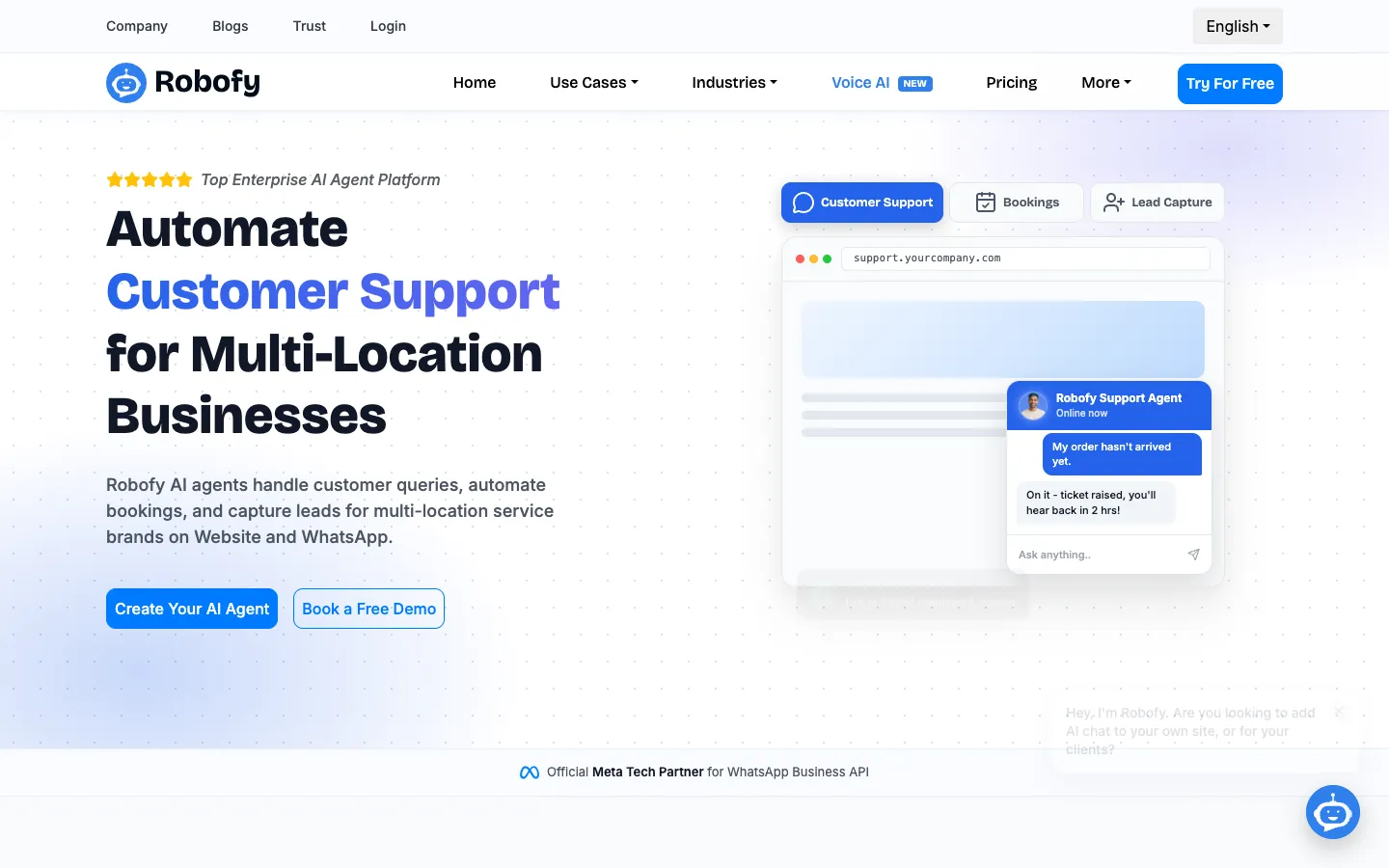 Screenshot of the Robofy AI Chatbot homepage