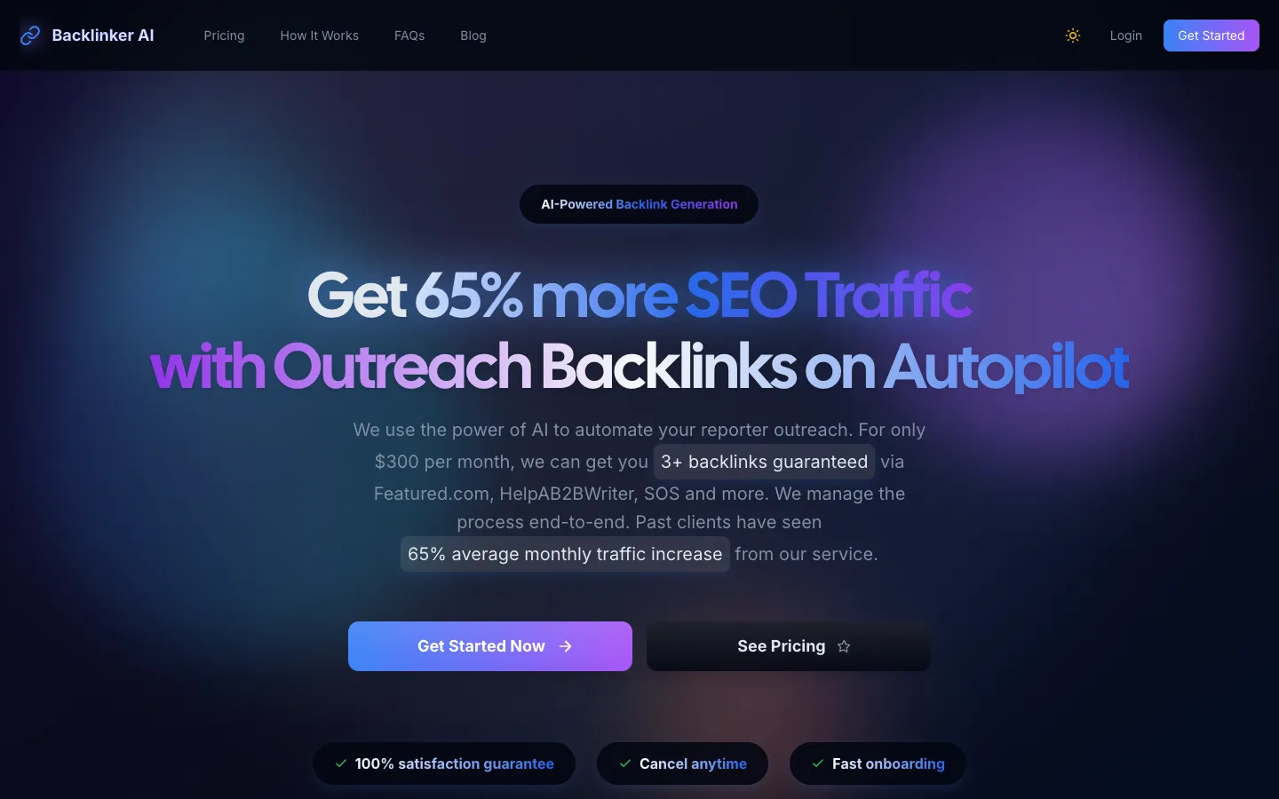 Screenshot of the Backlinker AI homepage