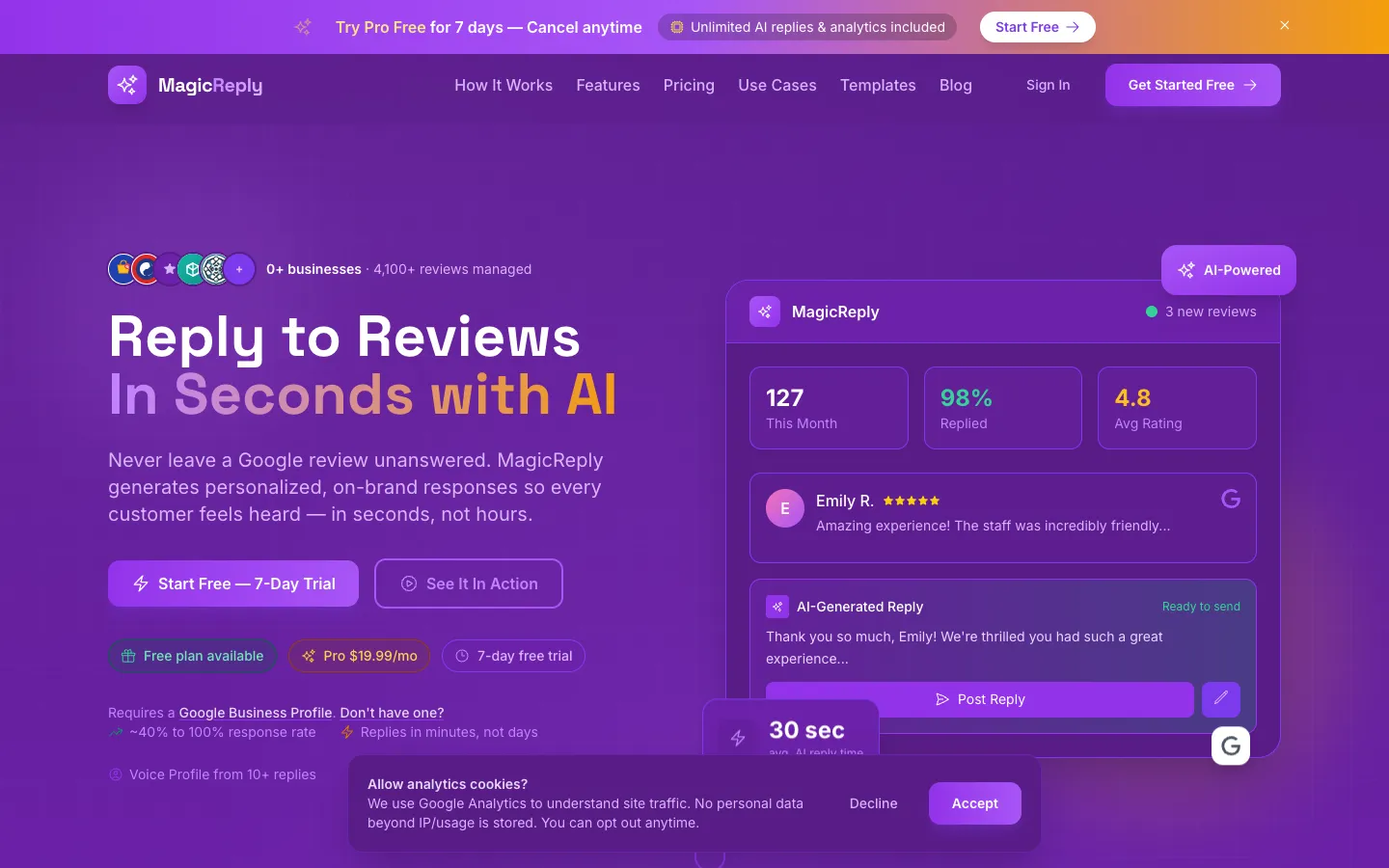 Screenshot of the MagicReply AI homepage