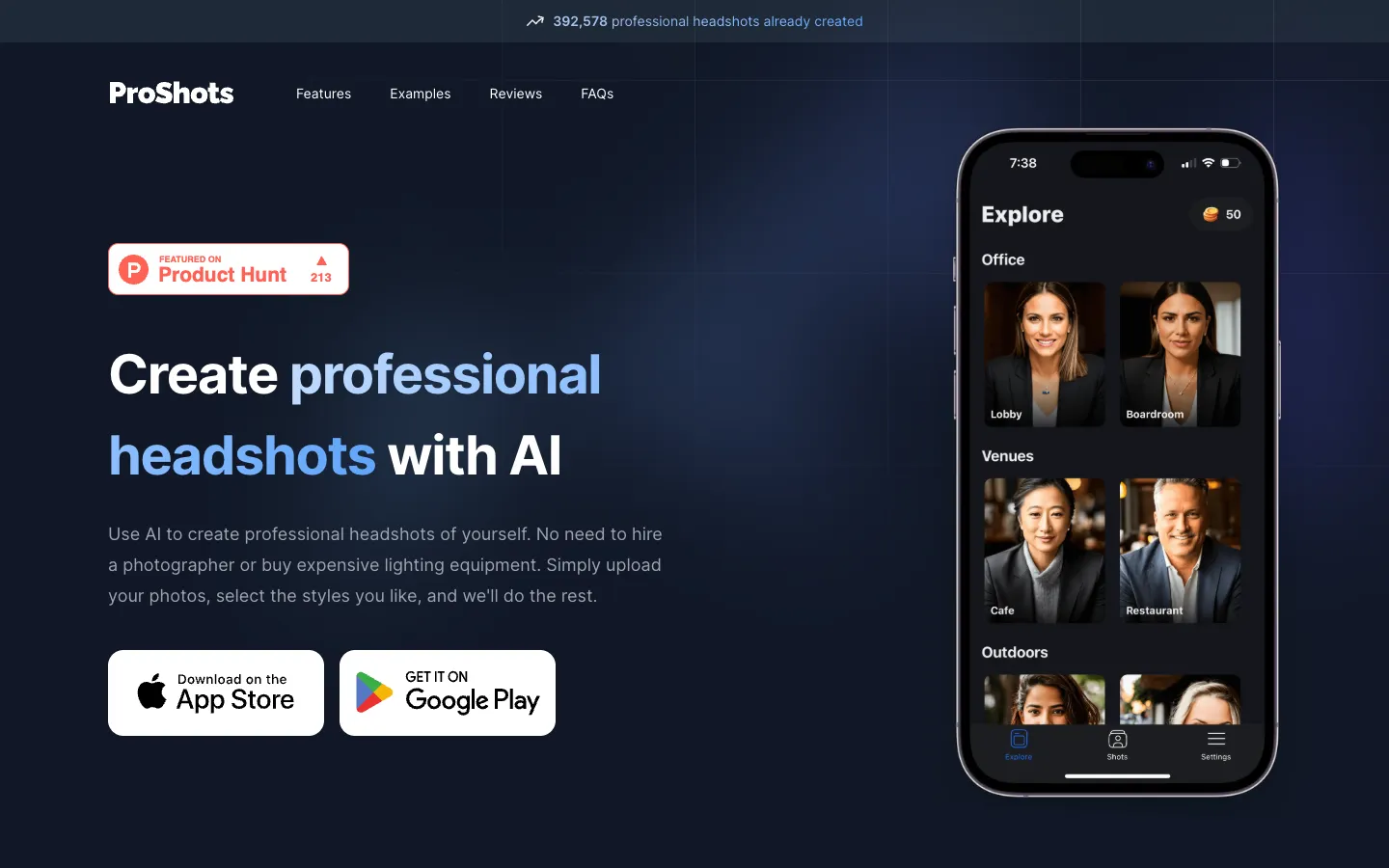 Screenshot of the ProShots homepage