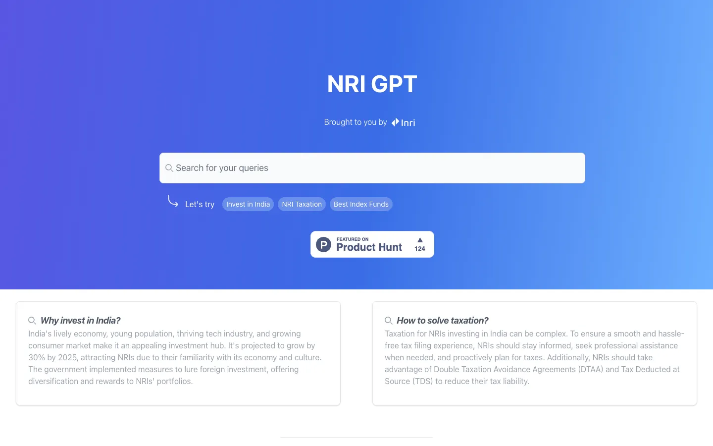Screenshot of the NRI GPT homepage