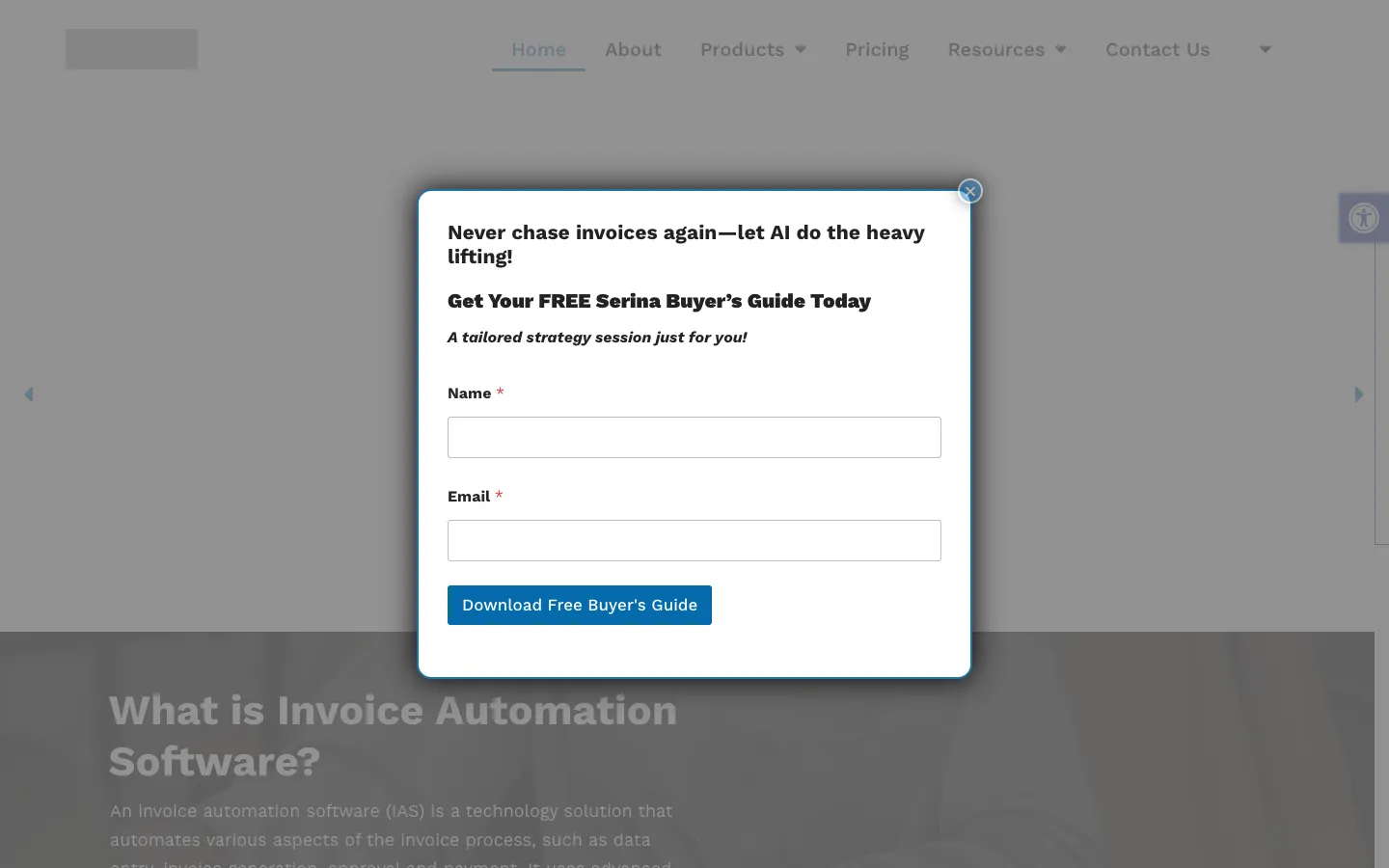 Screenshot of the serina homepage