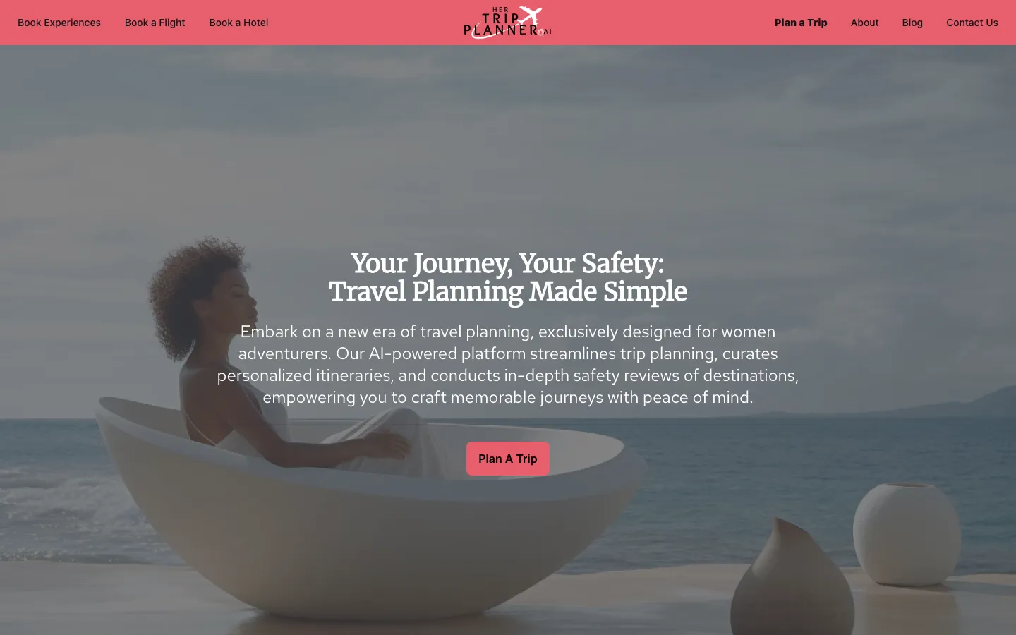 Screenshot of the Her Trip Planner homepage