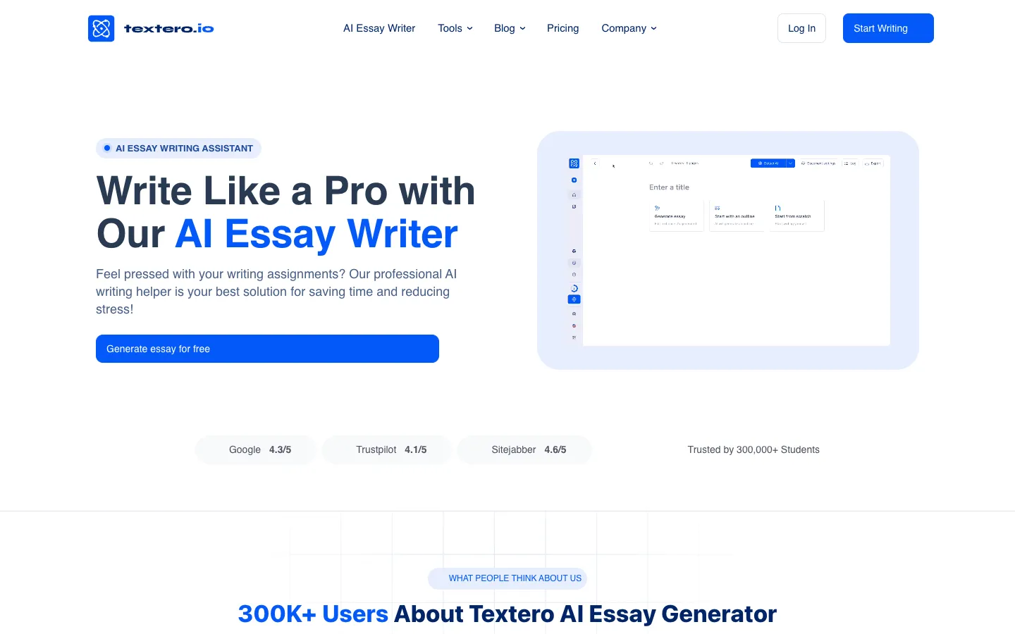 Screenshot of the Textero.ai Essay Writer homepage
