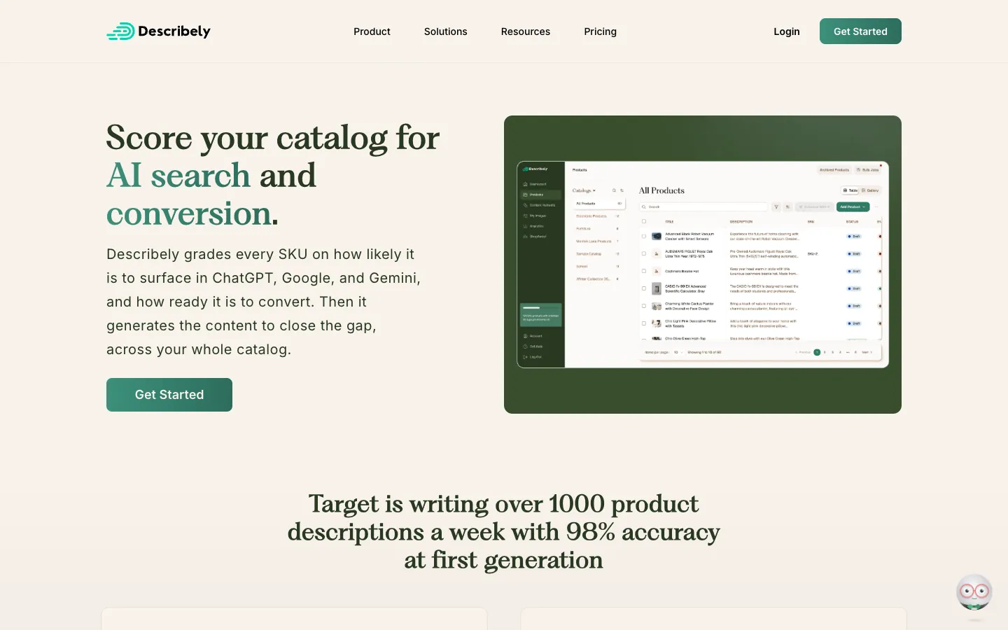 Screenshot of the Describely homepage