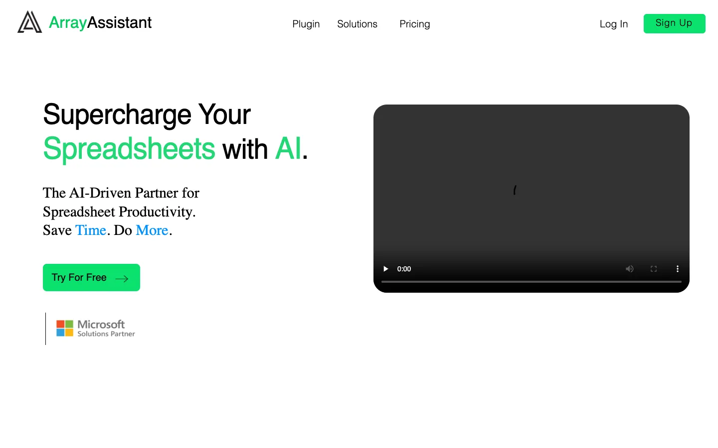 Screenshot of the Array Assistant - AI Excel Bot homepage