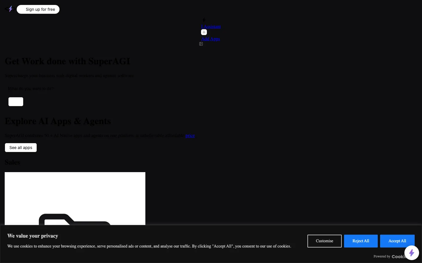 Screenshot of the SuperAGI Cloud homepage