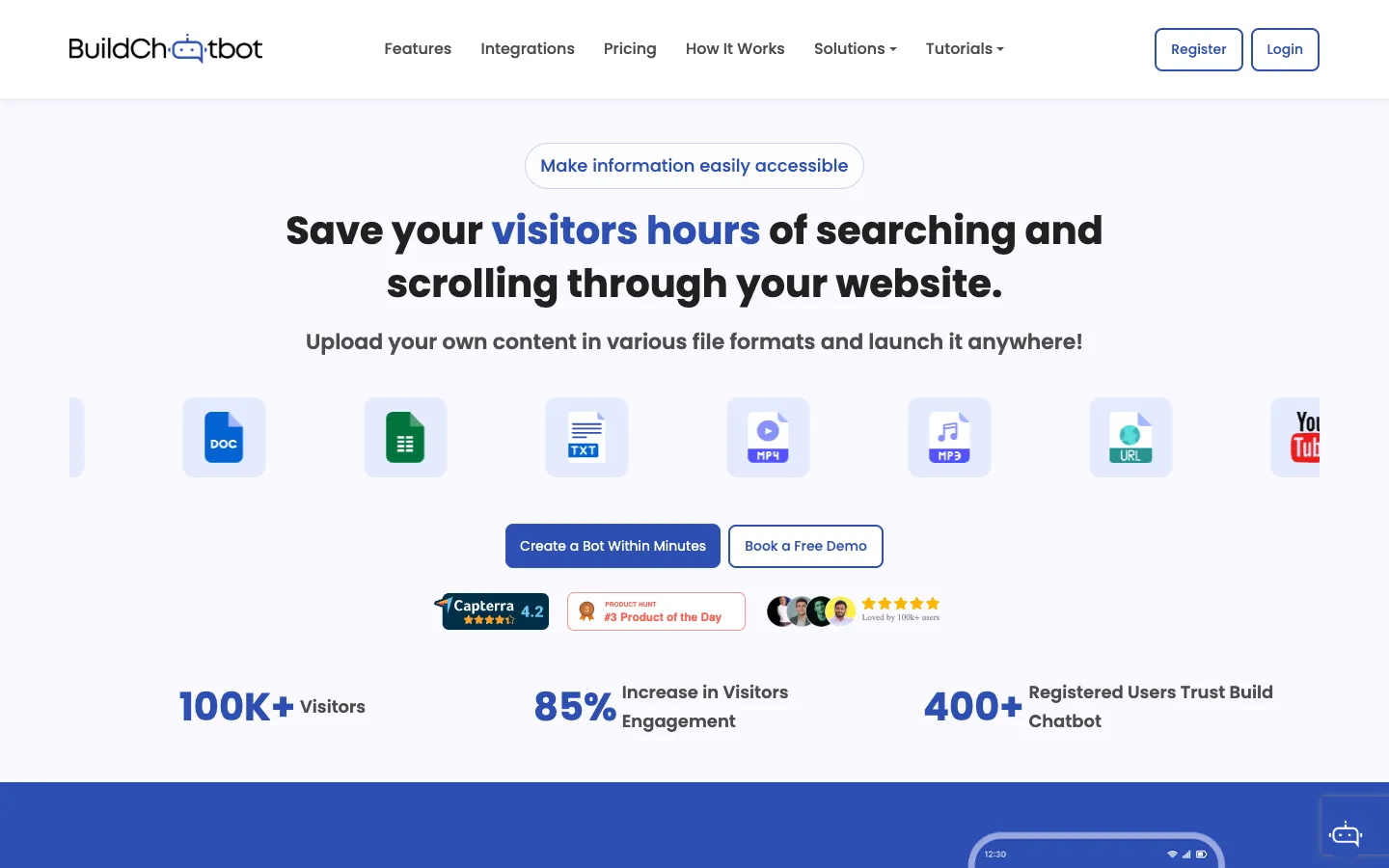 Screenshot of the Build Chatbot homepage