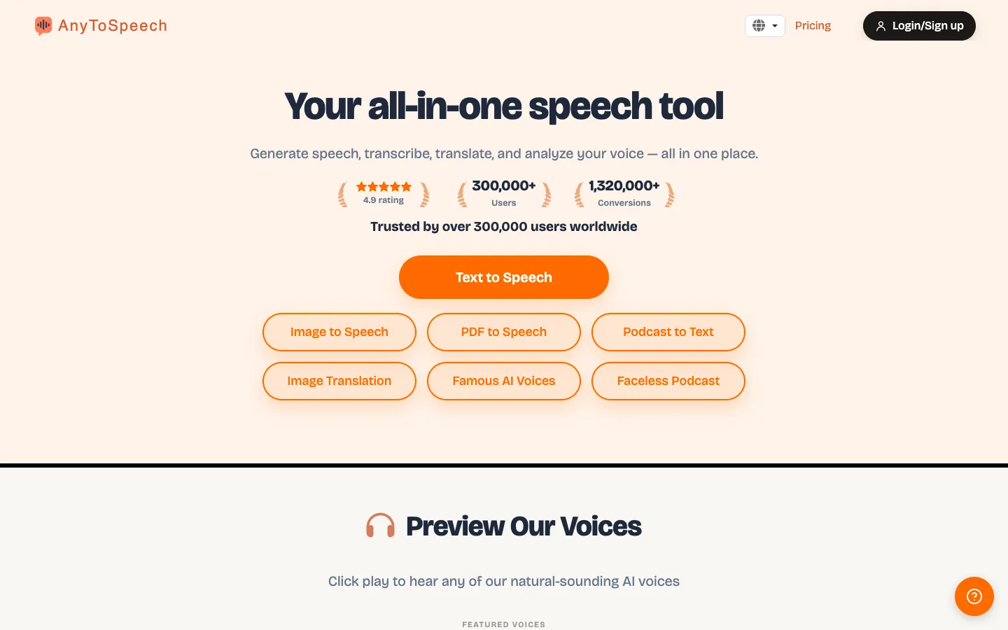 Screenshot of the AnyToSpeech homepage