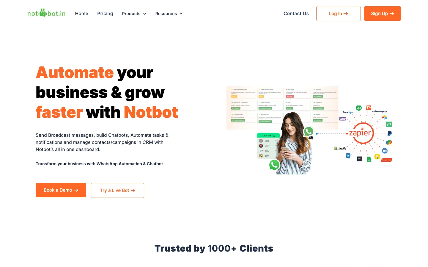 Screenshot of the NotBot homepage