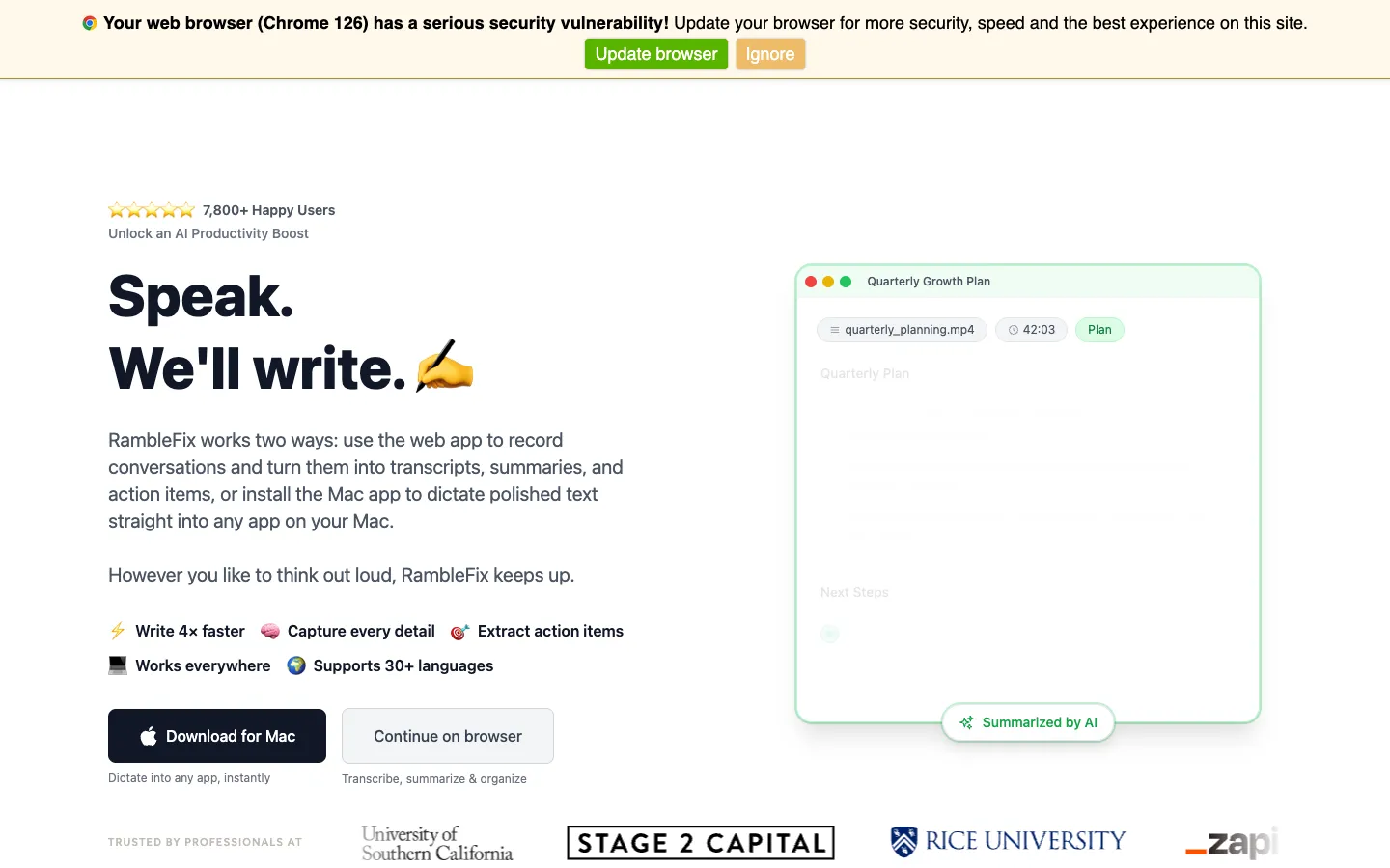 Screenshot of the RambleFix homepage