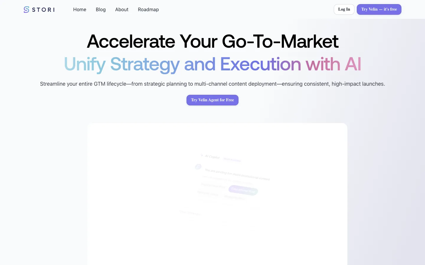 Screenshot of the STORI AI homepage