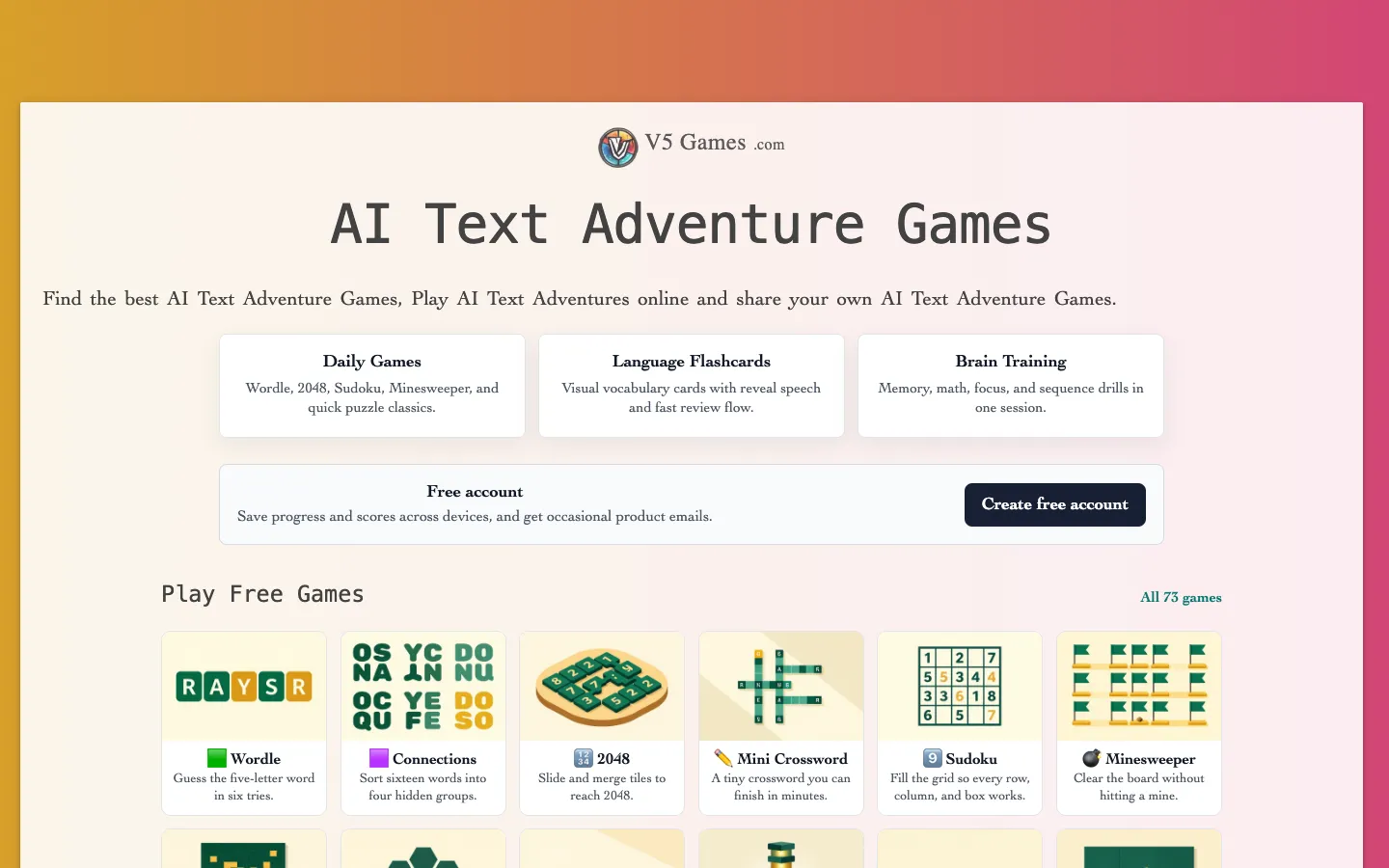 Screenshot of the AI Text Adventures - V5 Games homepage
