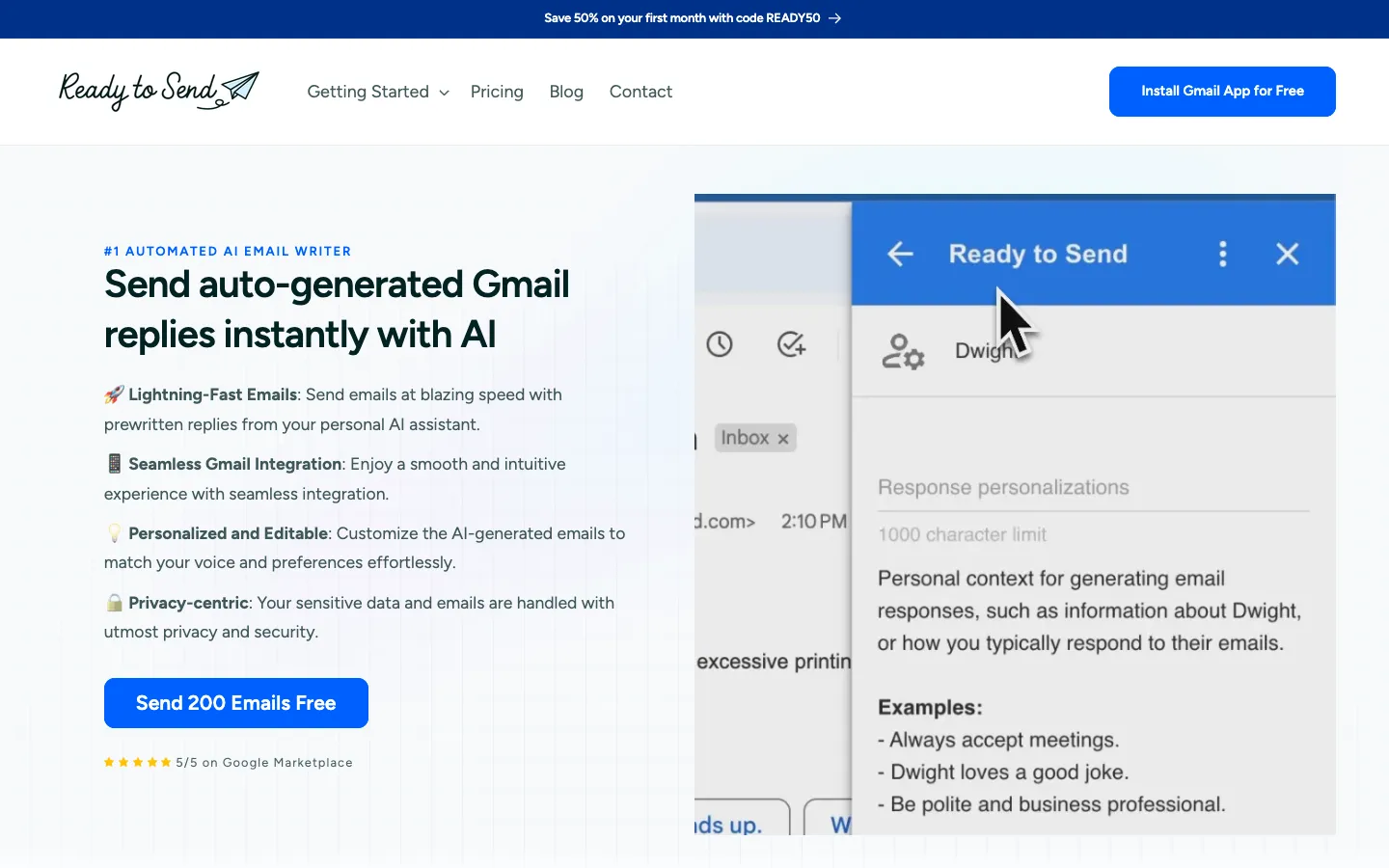 Screenshot of the Ready to Send homepage
