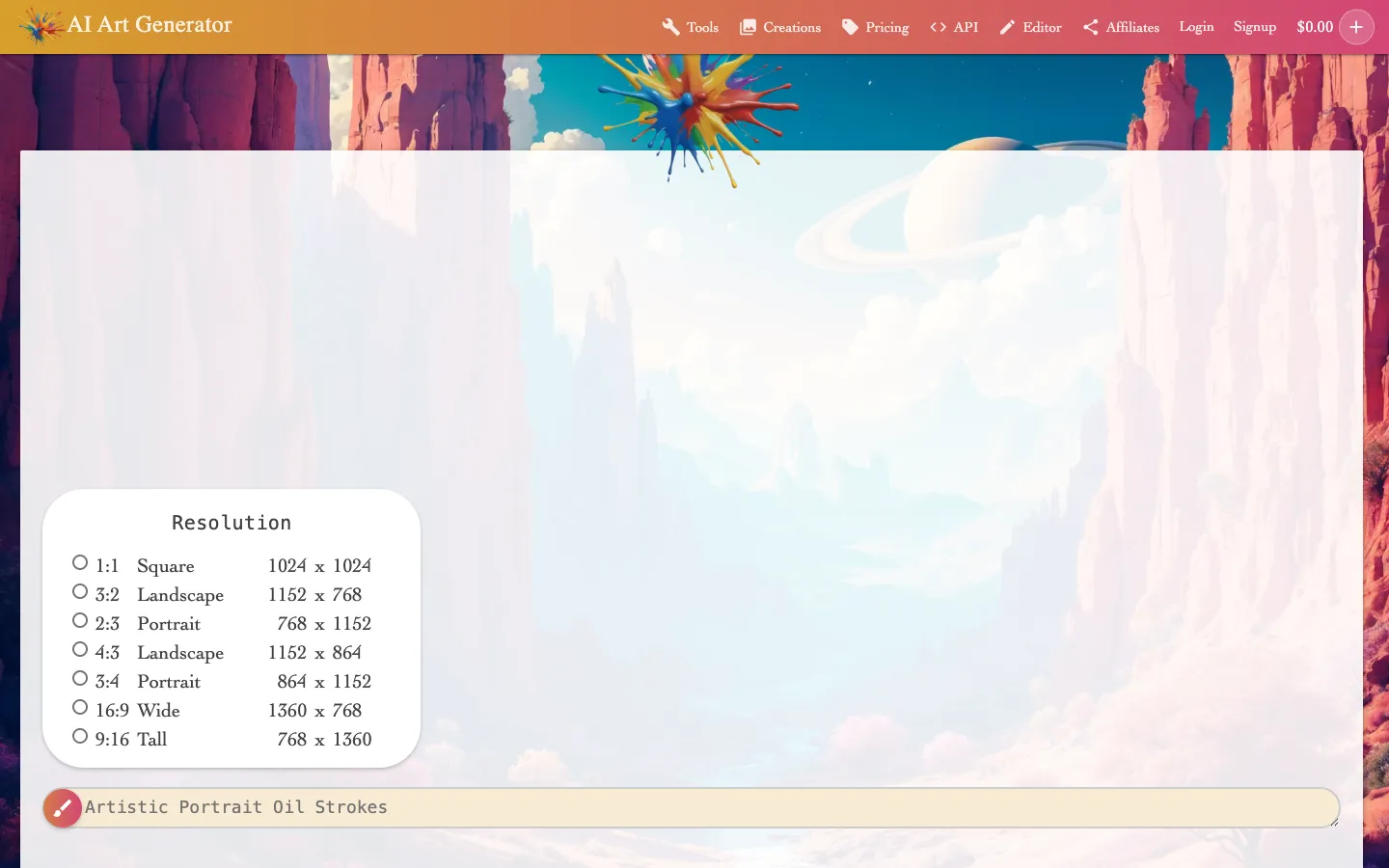 Screenshot of the EBank - AI Art Generator + AI Art Search homepage