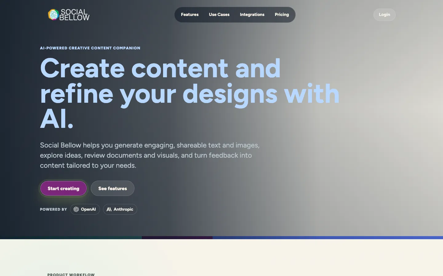 Screenshot of the Social Bellow homepage