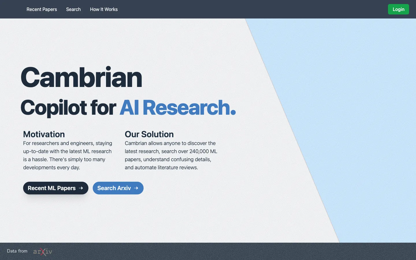 Screenshot of the Cambrian homepage