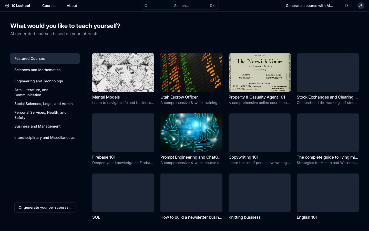 Screenshot of the 101.school homepage
