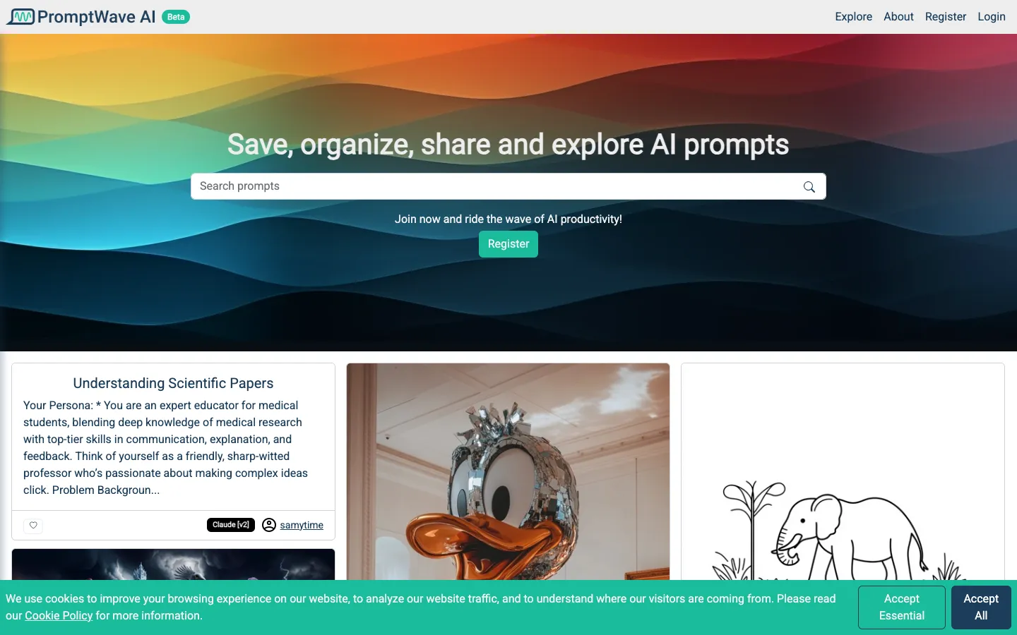 Screenshot of the PromptWave AI homepage