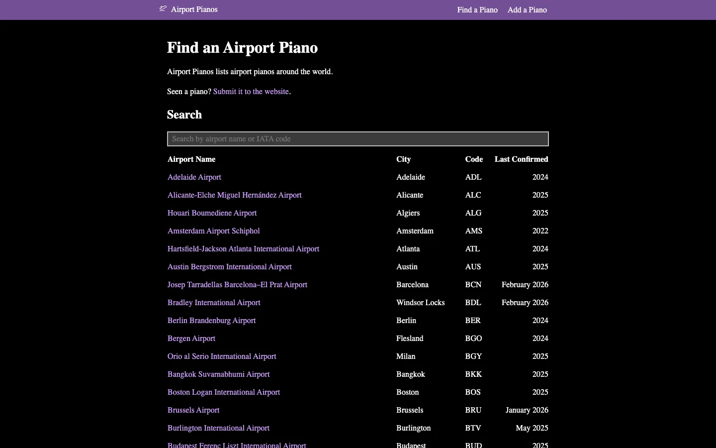 Screenshot of the Airport Pianos homepage