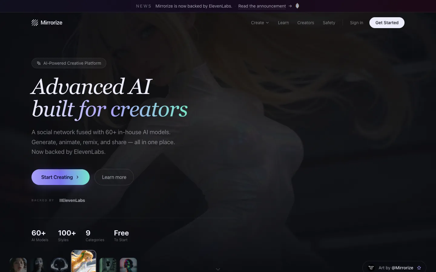 Screenshot of the Mirrorize AI homepage