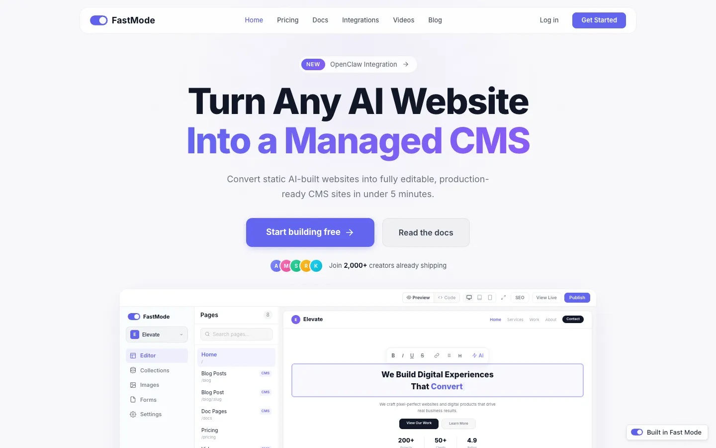 Screenshot of the Fastmode AI homepage