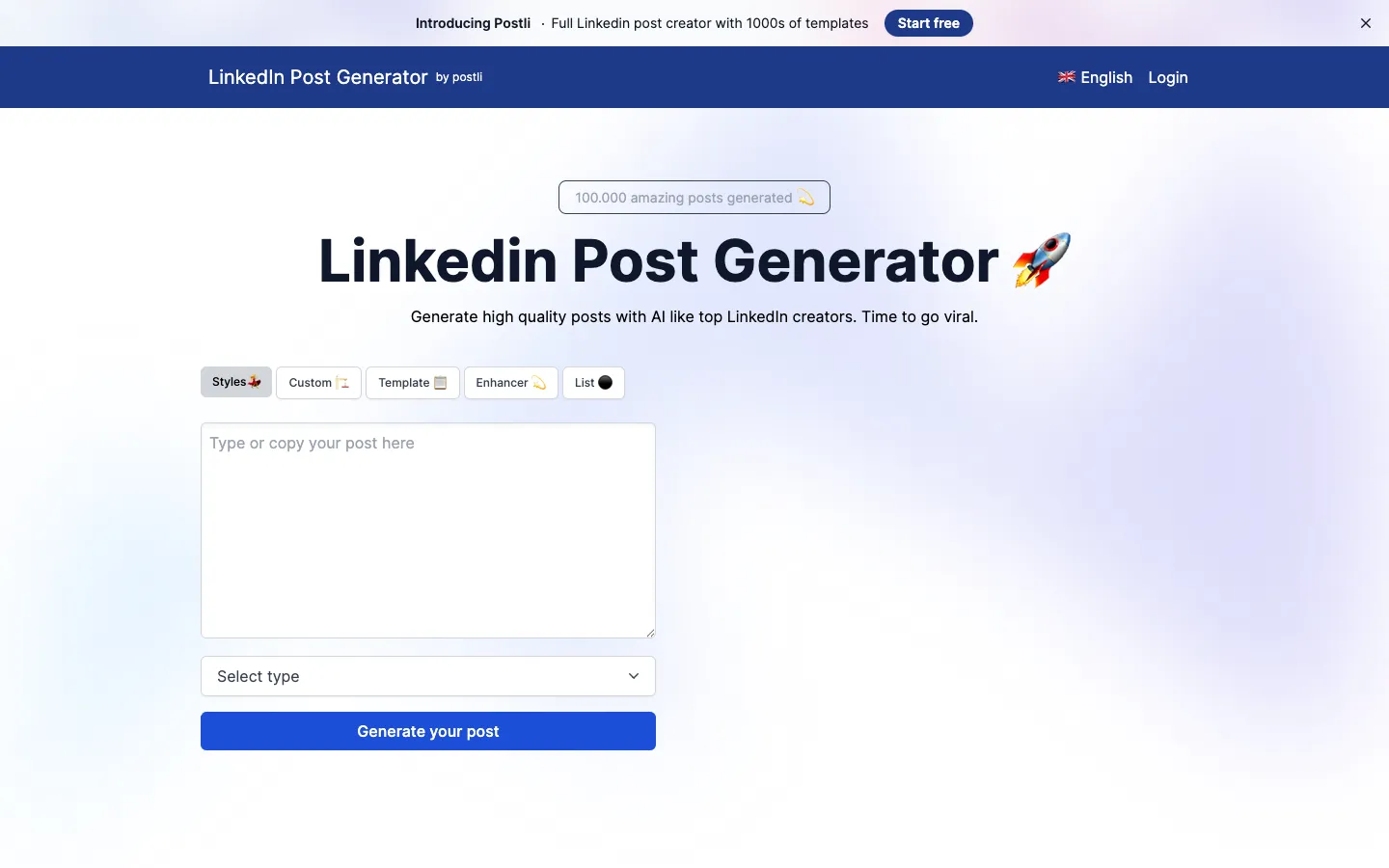 Screenshot of the LinkedIn Post Generator homepage