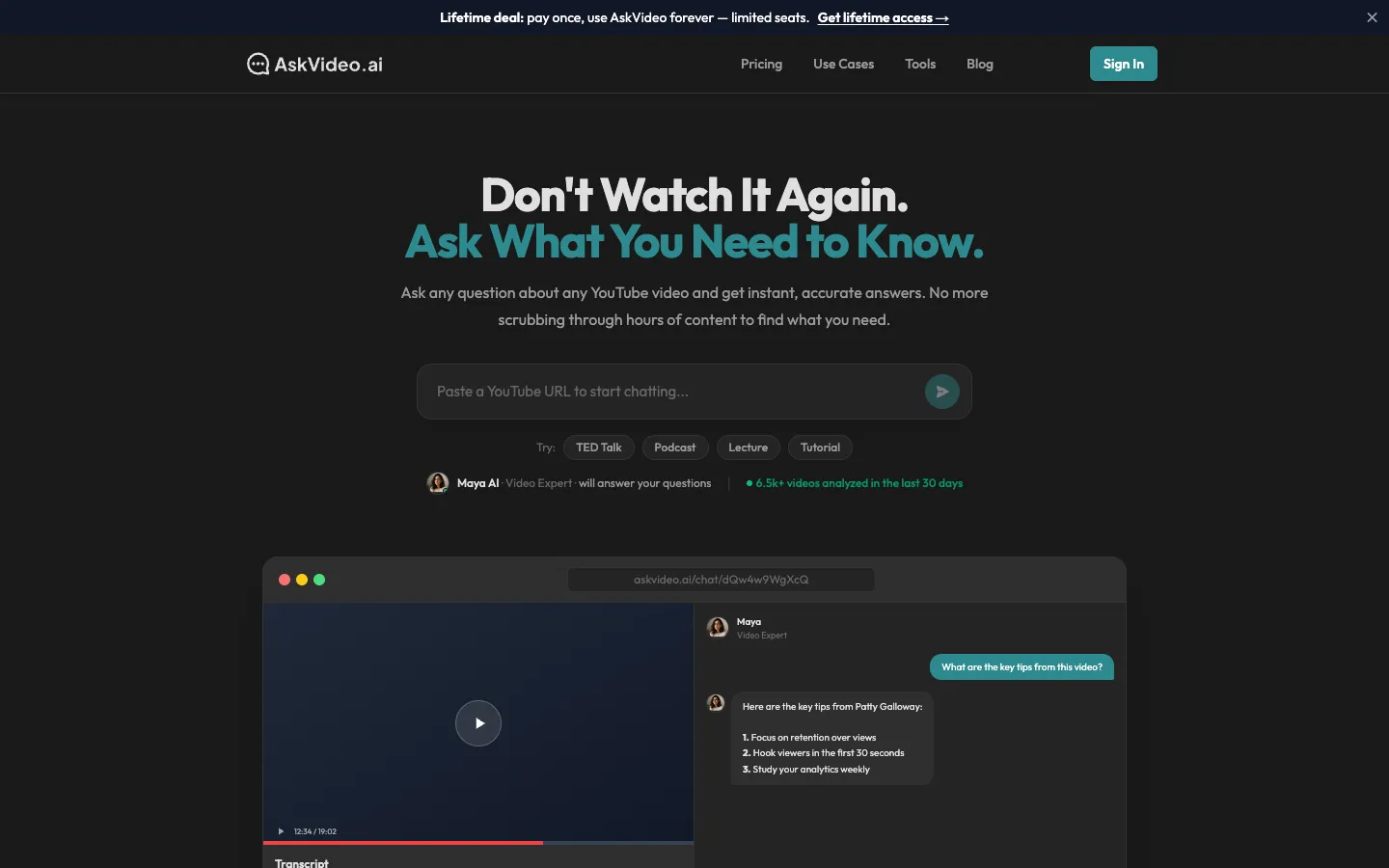 Screenshot of the AskVideo.ai homepage