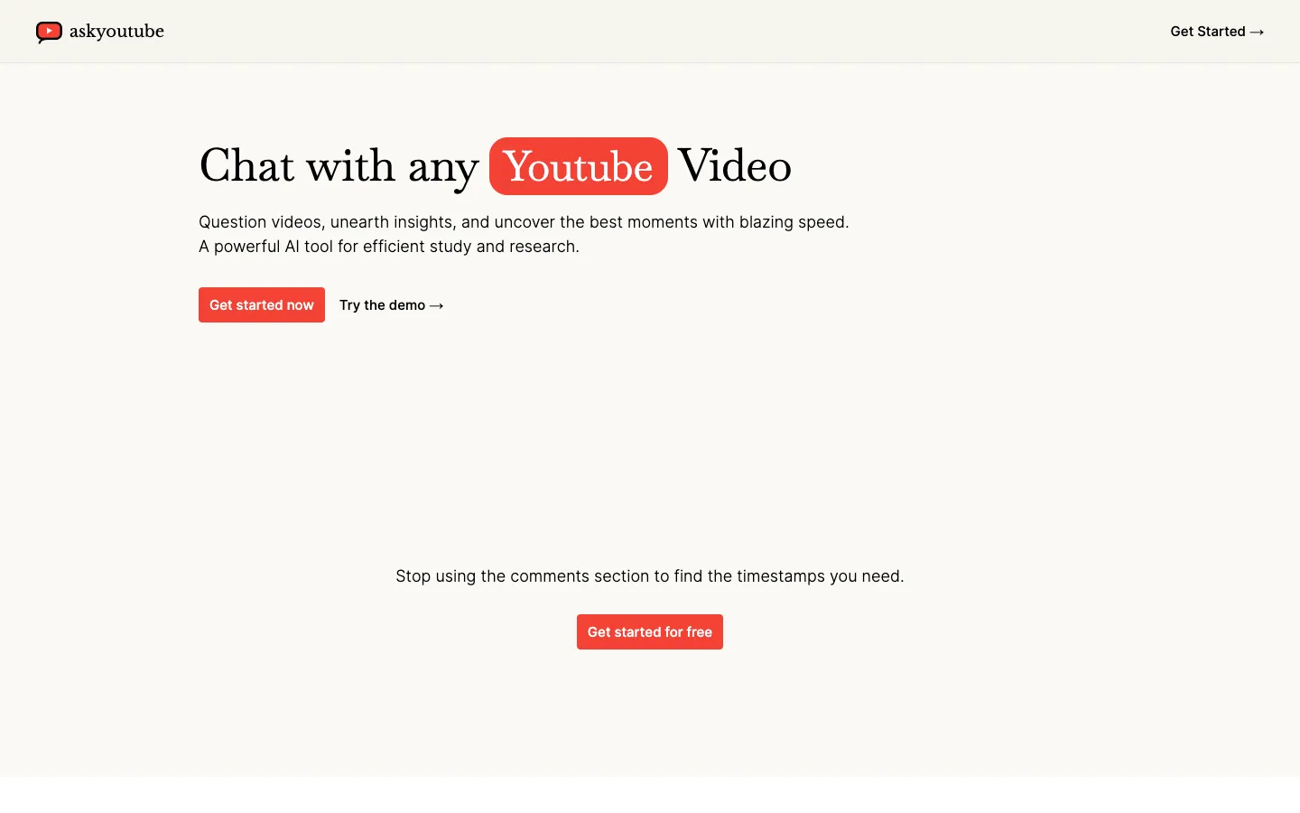 Screenshot of the Ask Youtube homepage