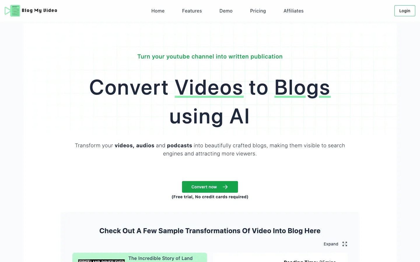 Screenshot of the BlogMyVideo homepage