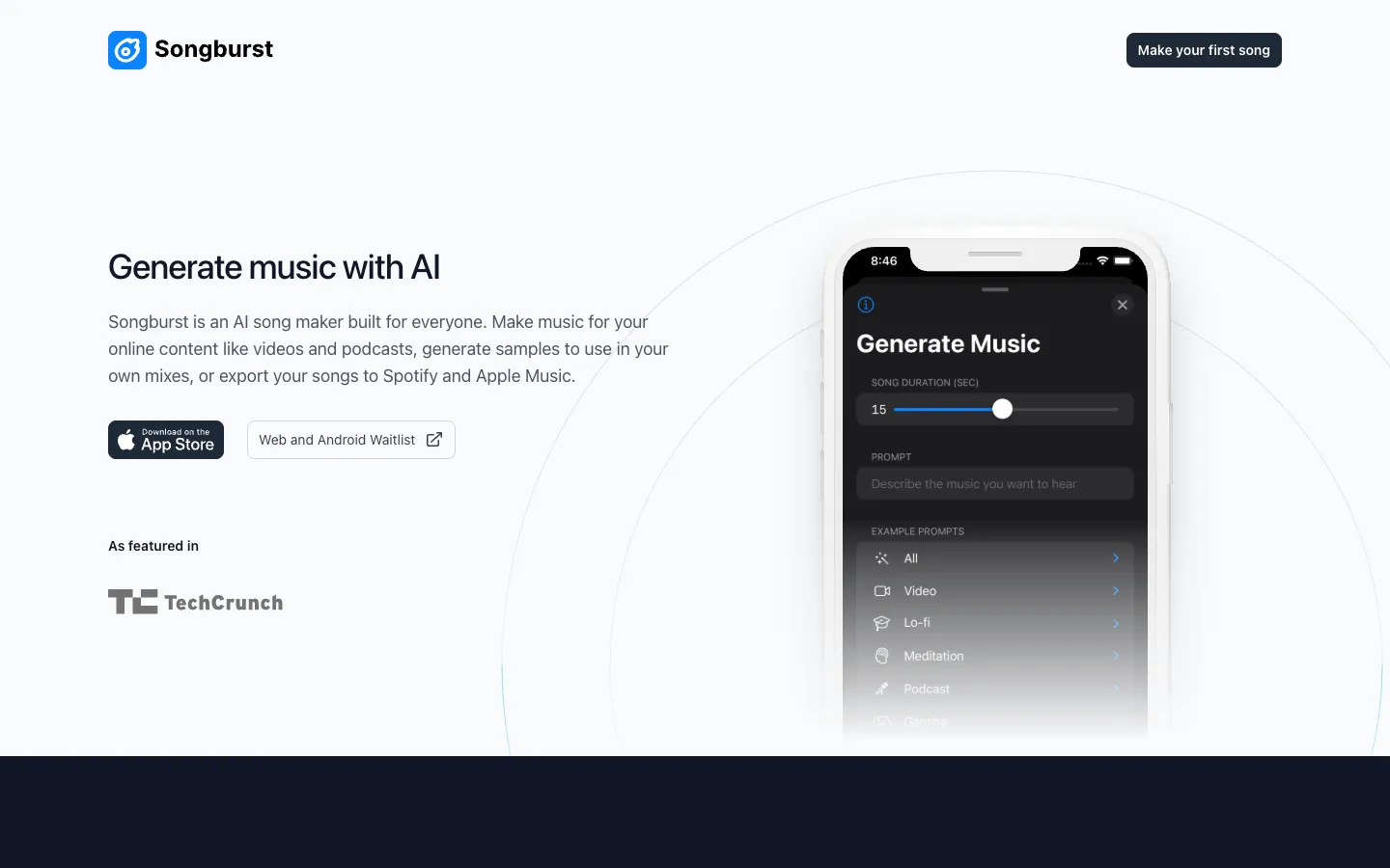 Screenshot of the Songburst homepage