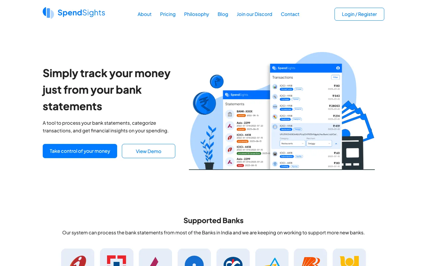 Screenshot of the SpendSights homepage