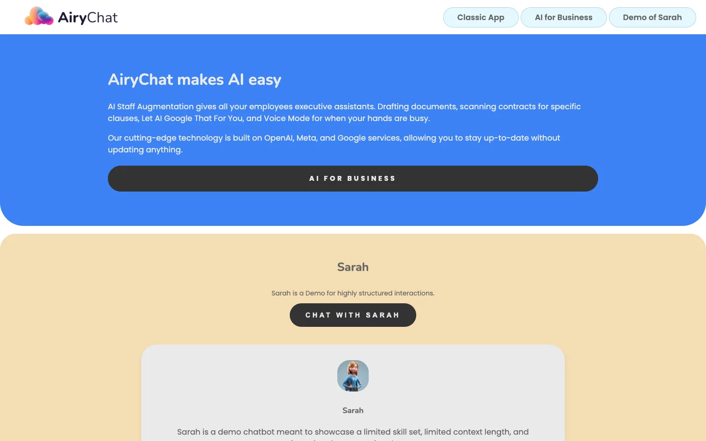 Screenshot of the AiryChat homepage