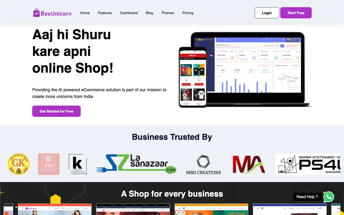 Screenshot of the Bee Unicorn homepage