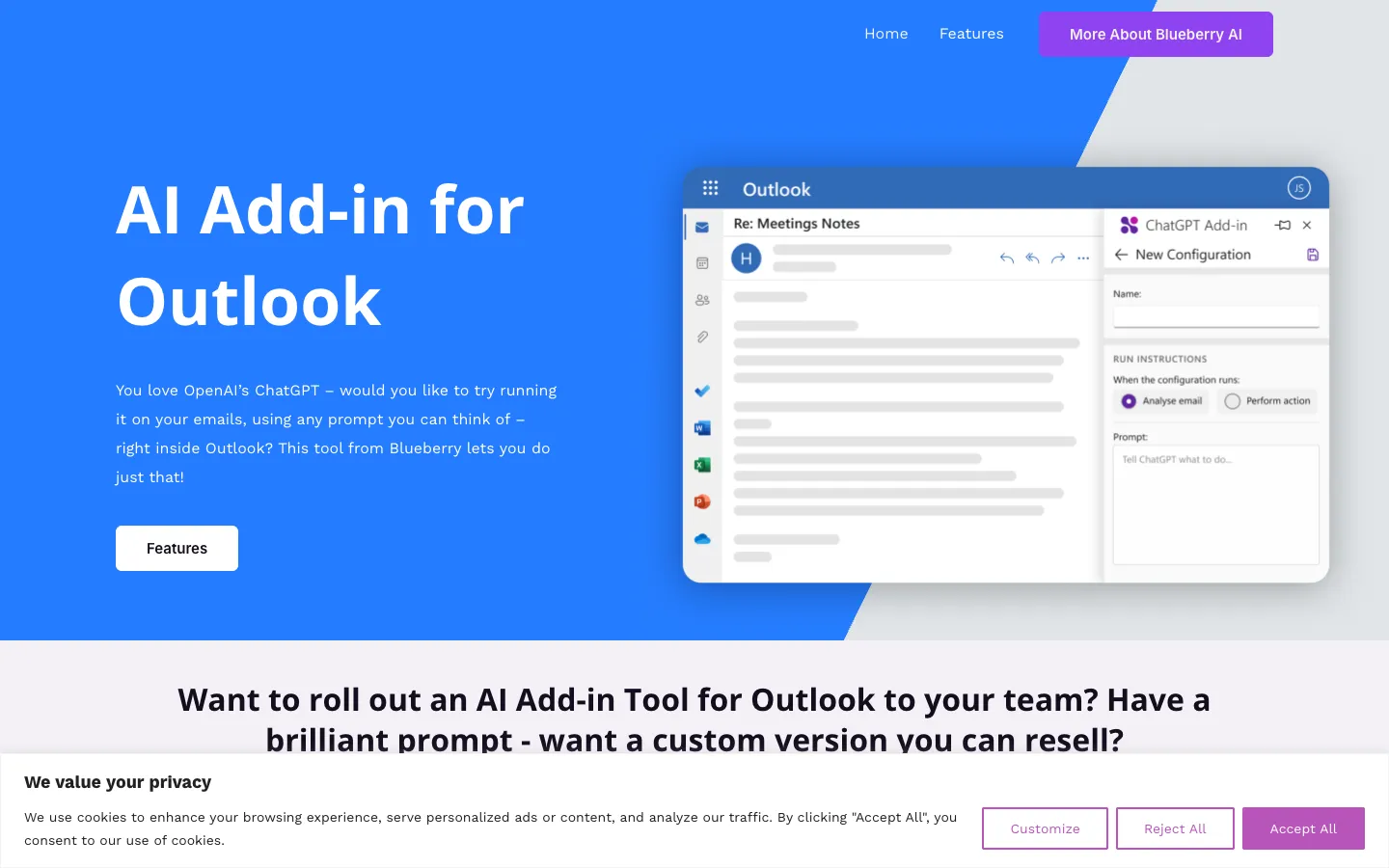 Screenshot of the ChatGPT Add-in for Outlook homepage