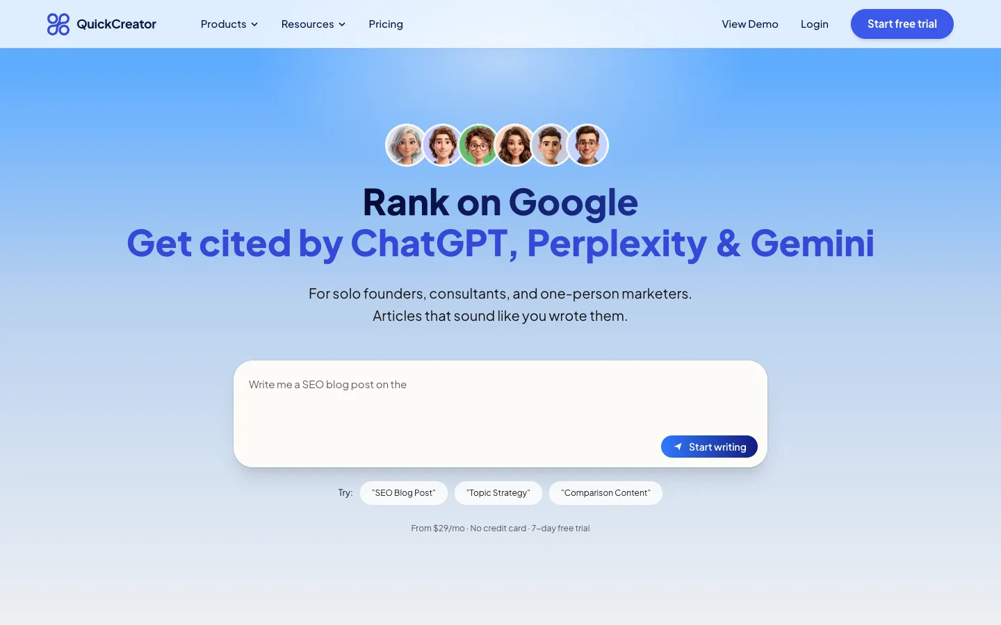 Screenshot of the Quick Creator homepage