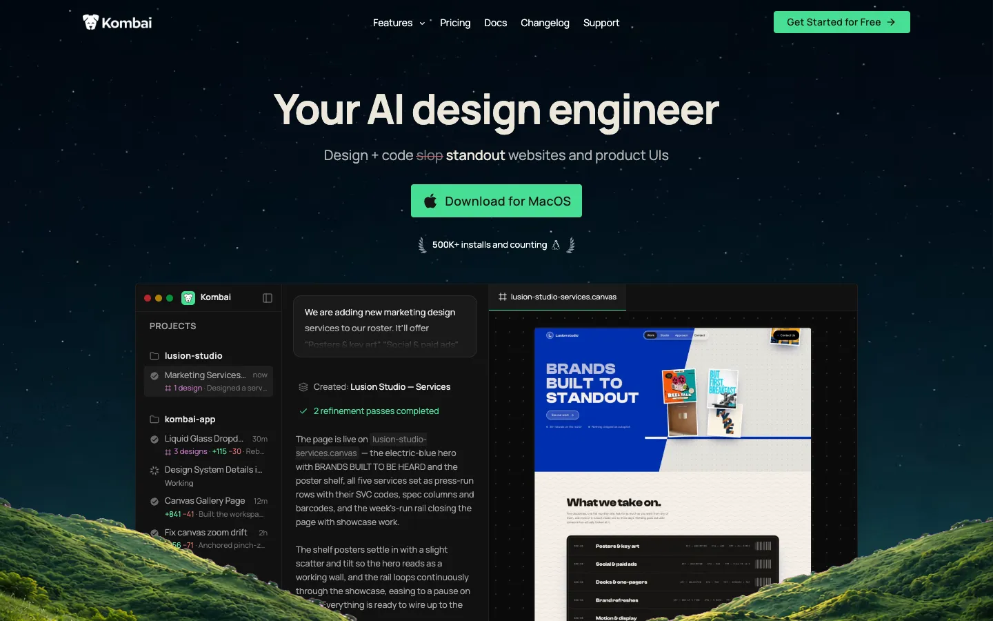 Screenshot of the Kombai homepage