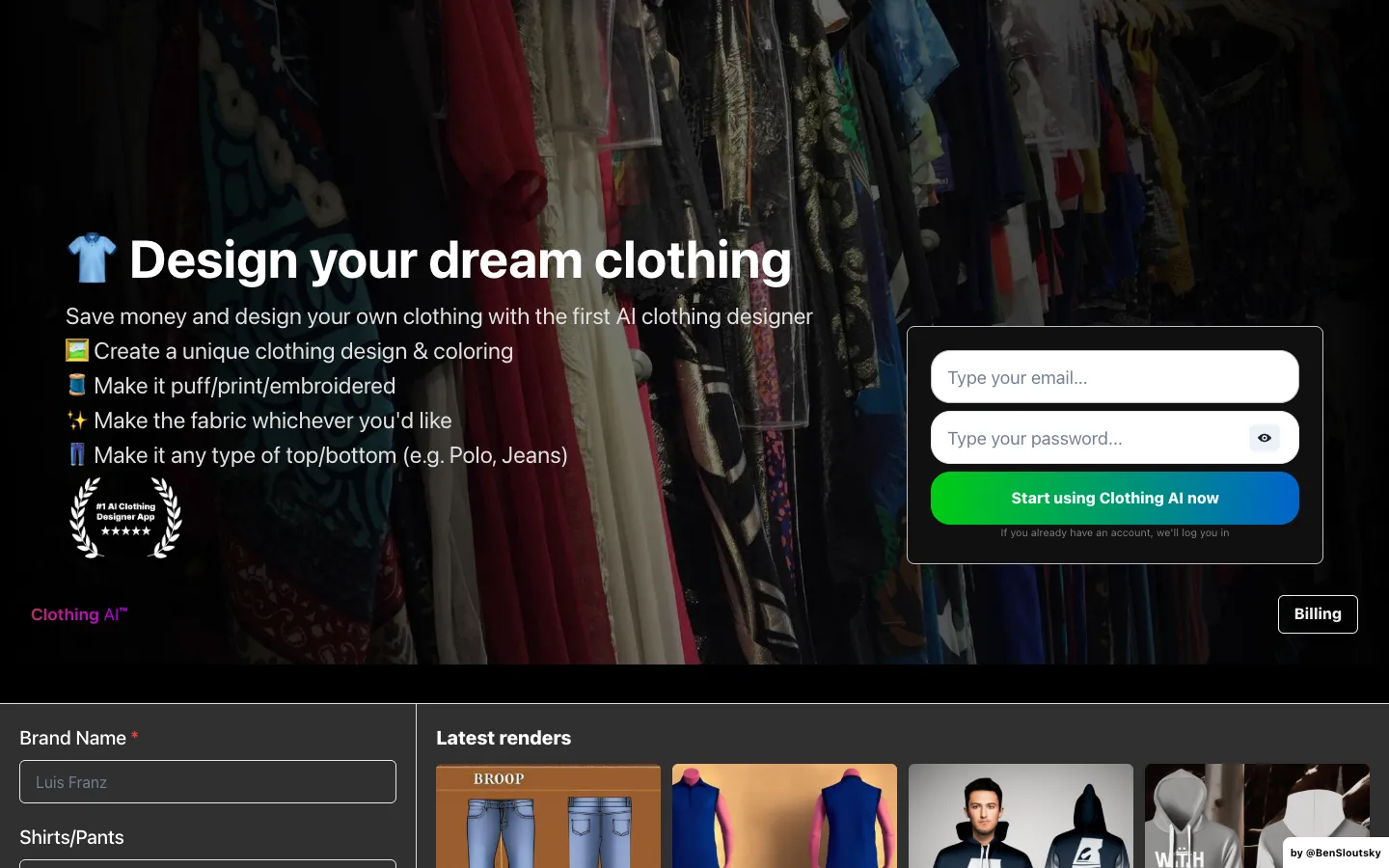 Screenshot of the ClothingAI homepage