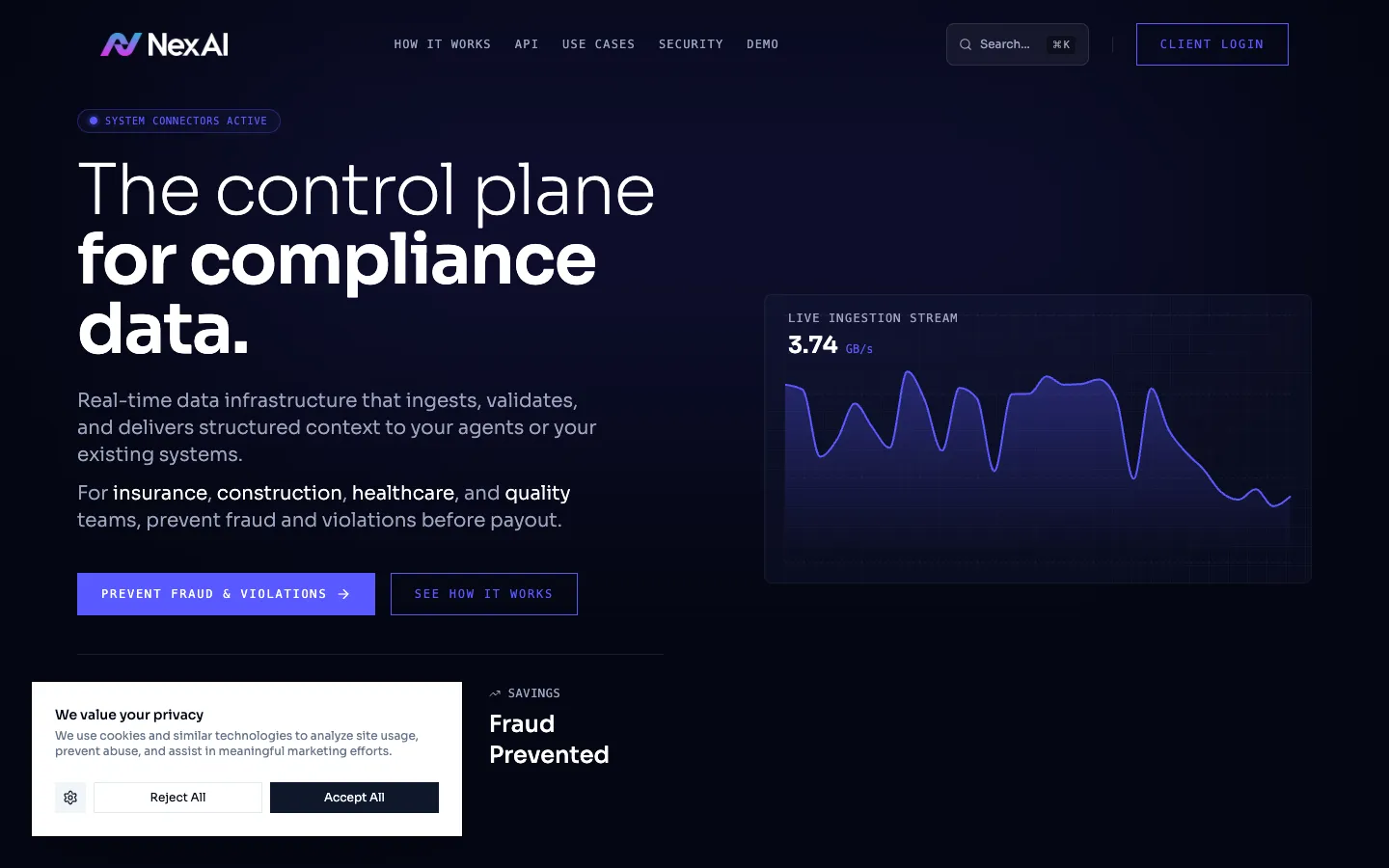 Screenshot of the Nex AI homepage