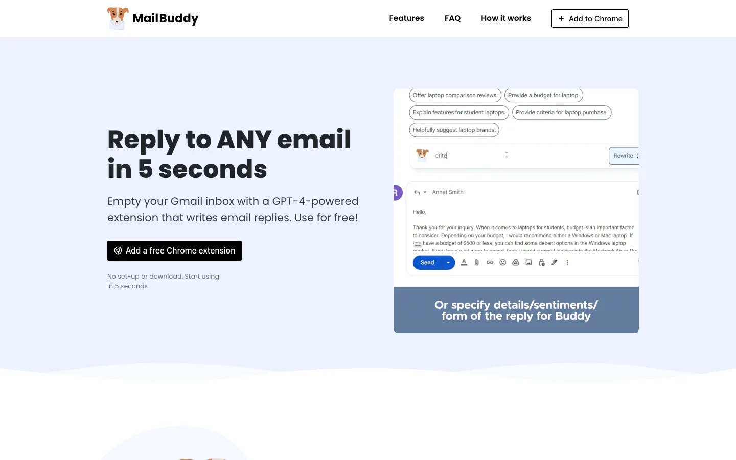 Screenshot of the MailBuddy - ChatGPT AI Email Assistant homepage
