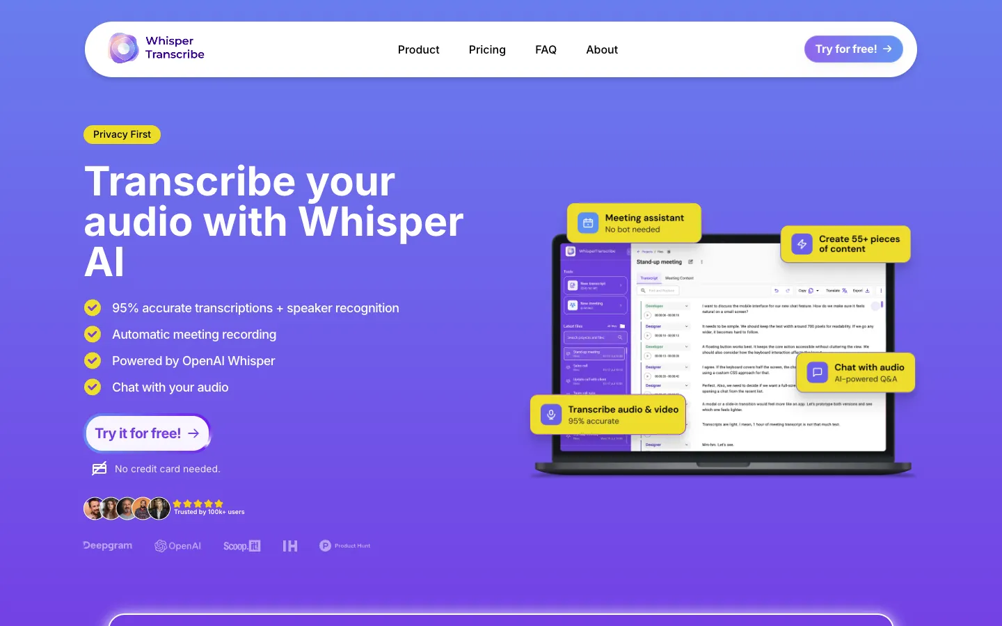 Screenshot of the WhisperTranscribe homepage