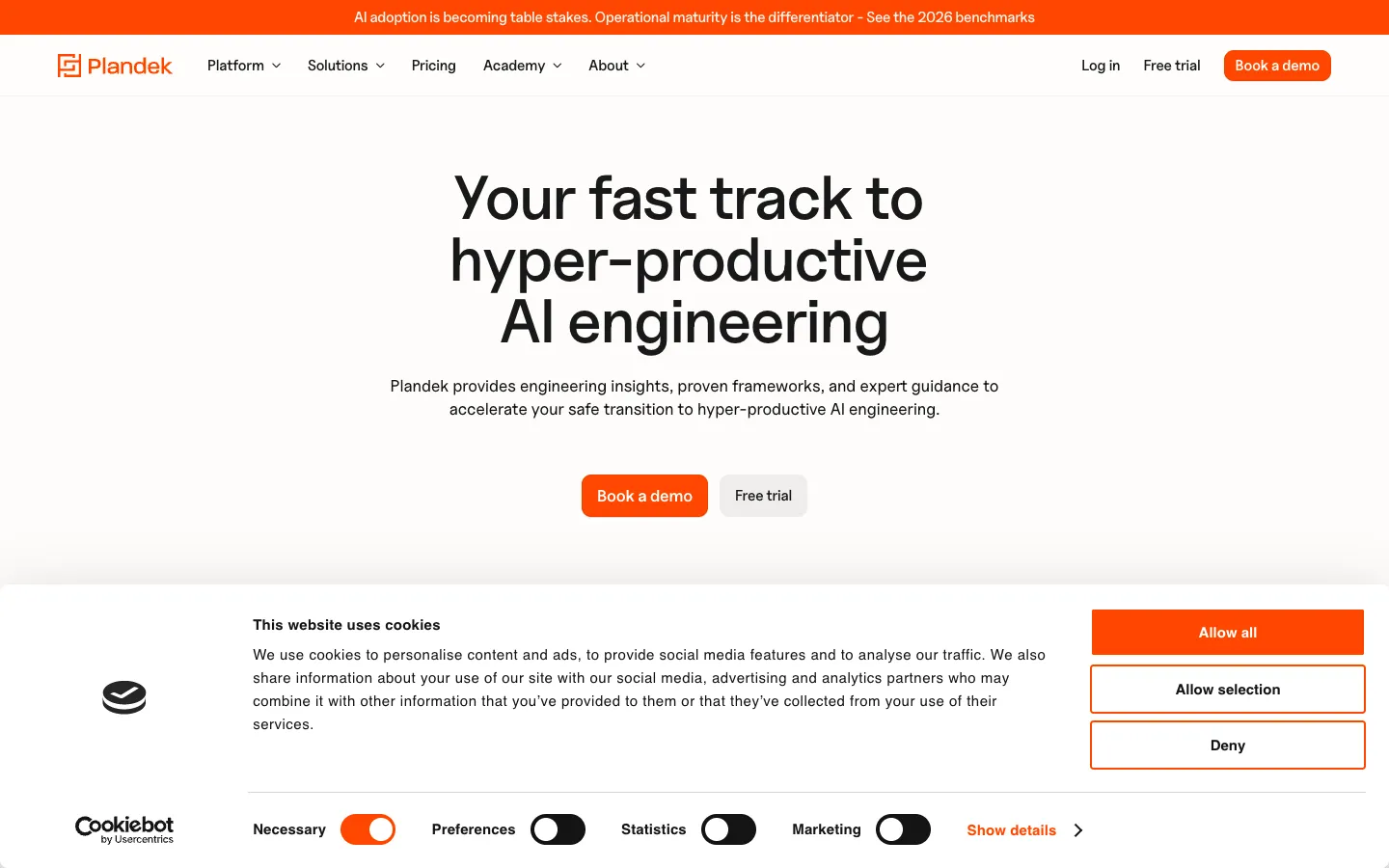 Screenshot of the Plandek Intelligent Analytics homepage