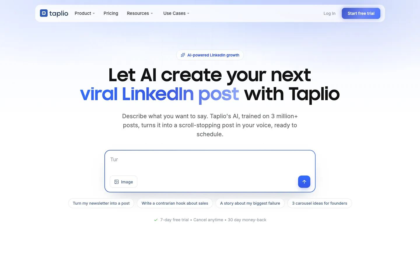 Screenshot of the Taplio homepage