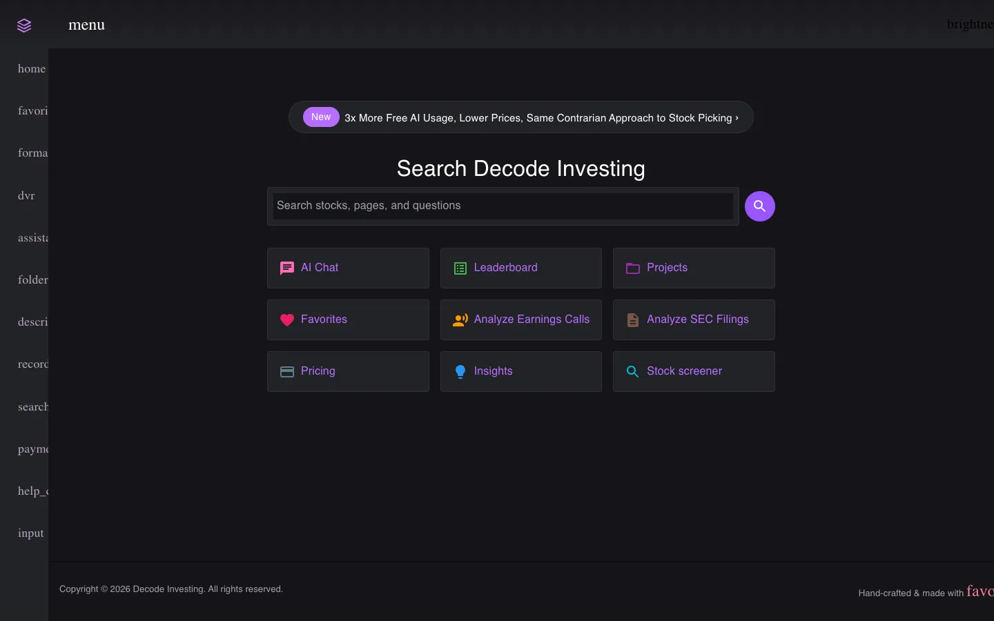 Screenshot of the Decode Investing homepage