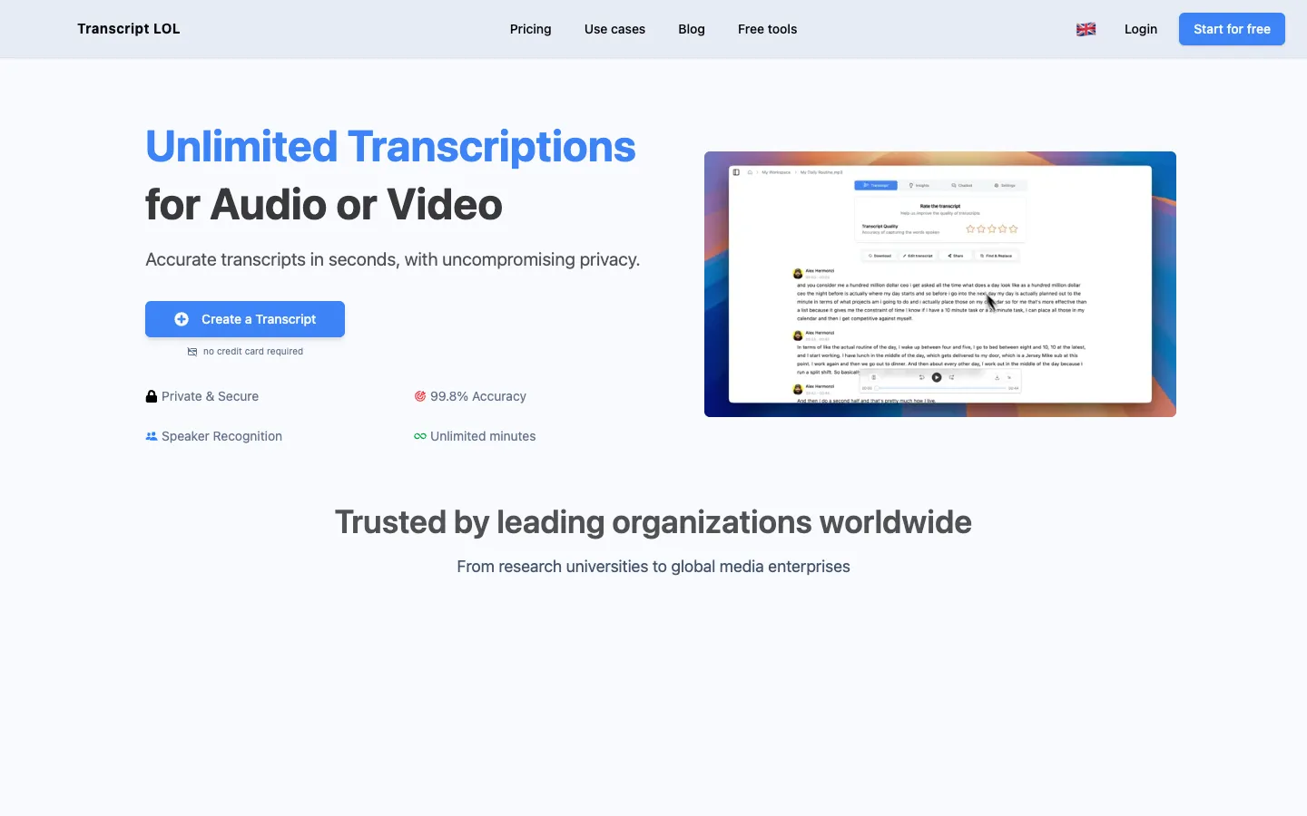 Screenshot of the Transcript LOL homepage