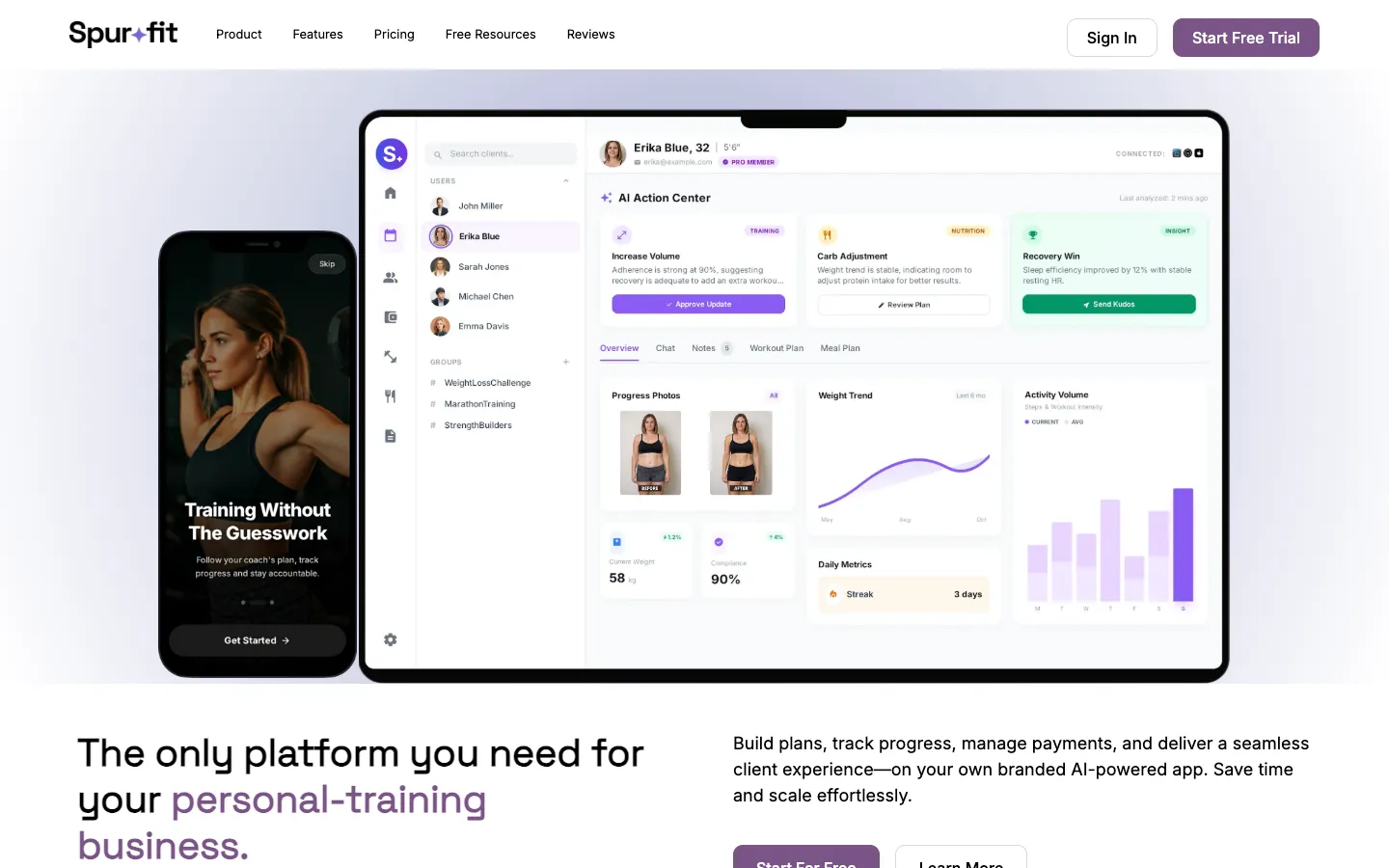Screenshot of the Spur.fit homepage