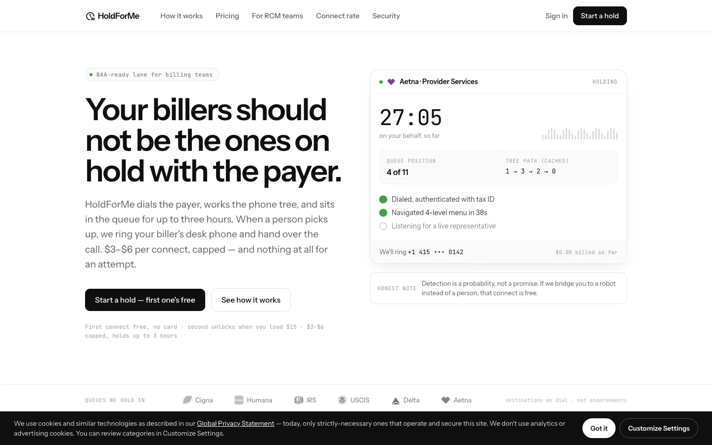 Screenshot of the Hold For Me homepage